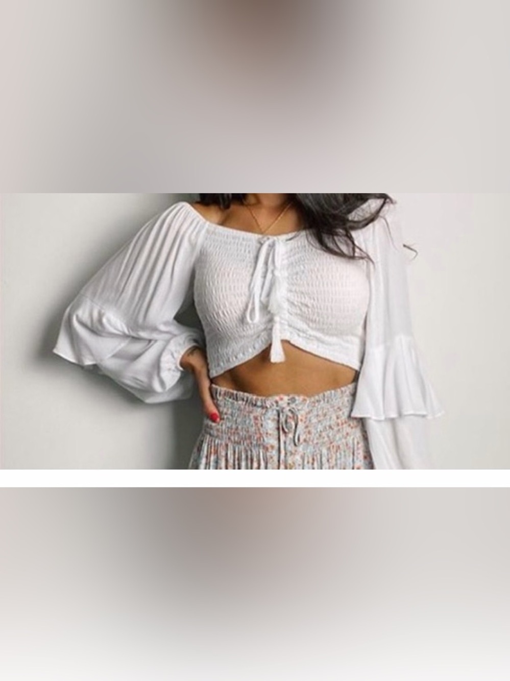 Olivaceous White Smocked Tie-Front Crop Top